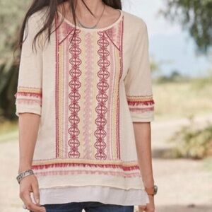 Sundance Montera Embroidered Top Size M Cream Coral Boho Fringe Western EUC